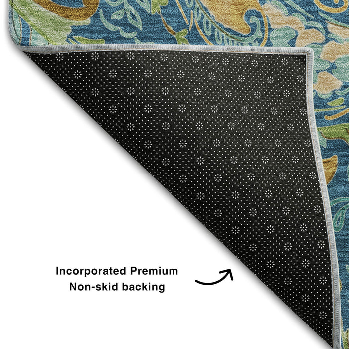 10' X 14' Paisley Washable Area Rug With UV Protection (647986) - Navy Blue / Green / Gold