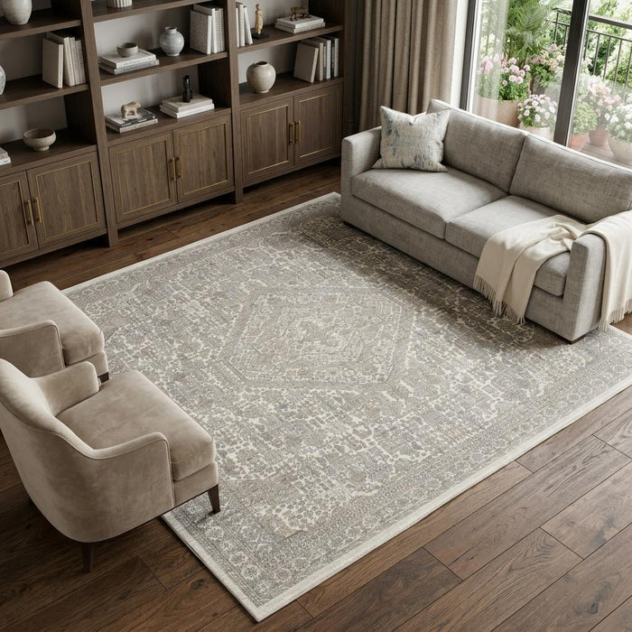 8' X 10' Floral Non Skid Area Rug With Fringe (550724) - Ivory / Beige / Cream