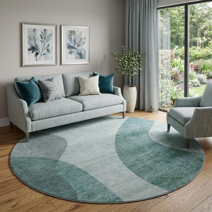8' Geometric Washable Round Rug With UV Protection (654835) - Green / Gray