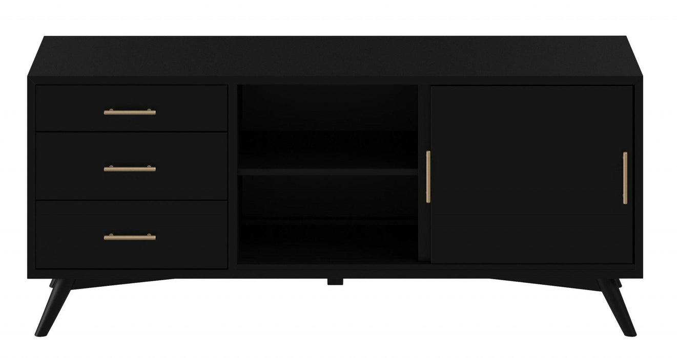 HomeRoots mahogany solids and veneer open shelving TV stand in black with sleek, modern design and ample storage space.