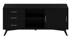 HomeRoots mahogany solids and veneer open shelving TV stand in black with sleek, modern design and ample storage space.