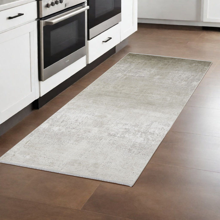 3' x 10' Abstract Power Loom Distressed Runner Rug With Fringe - Tan Ivory And Gray