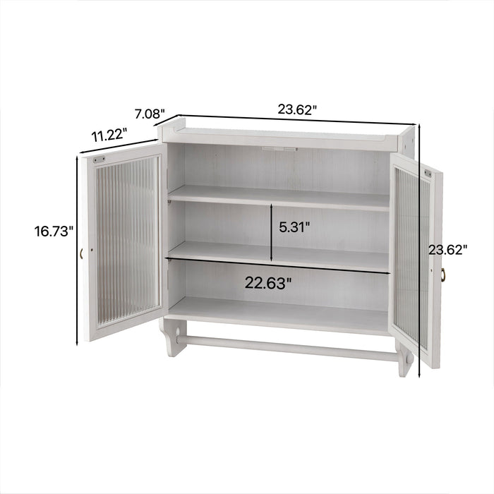 White washed Giga vintage double door wall medicine cabinet with three-tier storage and towel rack, mounted on a wall.