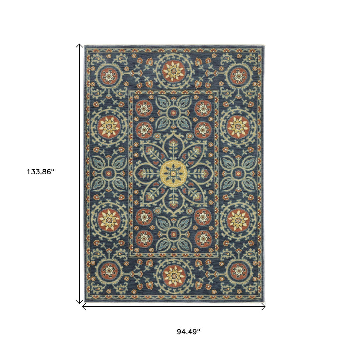 8' X 11' Medallion Area Rug With Fringe - Blue And Rust
