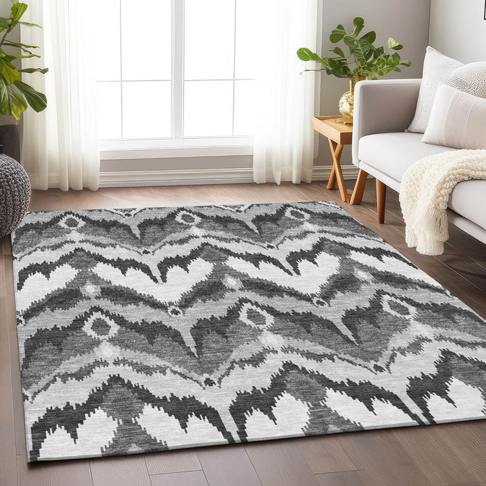 10' X 14' Ikat Washable Area Rug With UV Protection - Gray And Silver