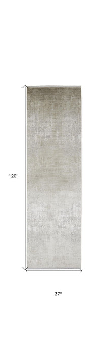 3' x 10' Abstract Power Loom Distressed Runner Rug With Fringe - Tan Ivory And Gray