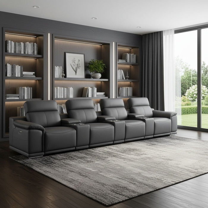 Italian Leather Reclining Metal USB Sofa (720414) - Dark Gray