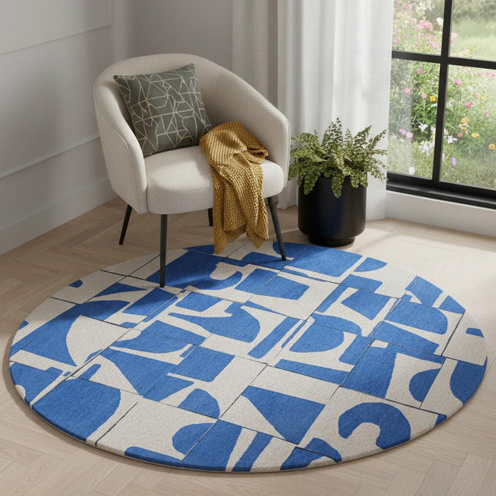 5' Geometric Washable Round Rug (551961) - Blue / White