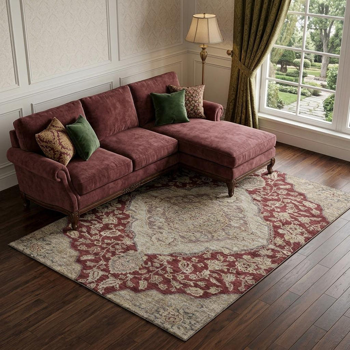 10' X 14' Floral Medallion Washable Area Rug With UV Protection (686903) - Burgundy / Beige / Gray