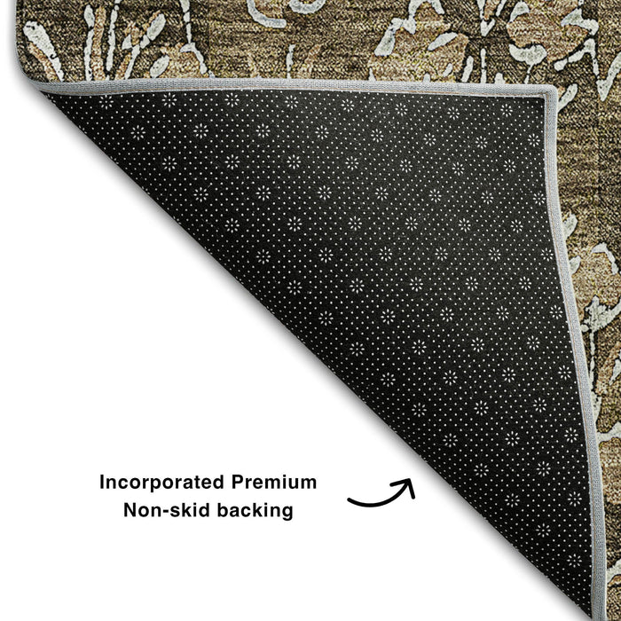 9' X 12' Floral Washable Area Rug With UV Protection (656435) - Brown / Ivory