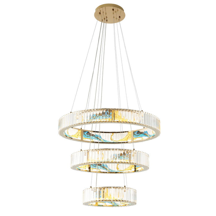 Geometric Three Light Crystal LED Chandelier - Gold / Clear / Blue
