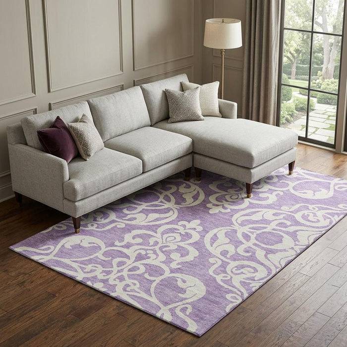 10' X 14' Damask Washable Area Rug With UV Protection (676944) - Purple / Ivory