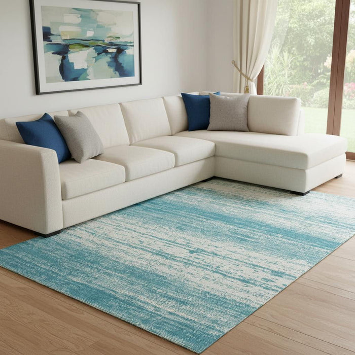 10' X 14' Striped Washable Area Rug With UV Protection (668199) - Teal / Ivory