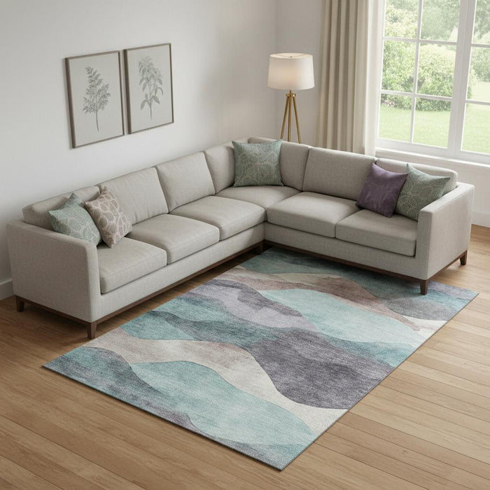 10' X 14' Abstract Washable Area Rug With UV Protection (709642) - Teal / Beige / Ivory