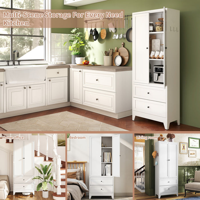 White Giga accent pantry cabinet with 2 drawers, adjustable shelves, ideal for spices, dishware, and small appliances in kitchen.