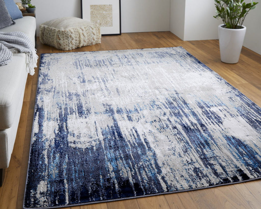7' x 10' Abstract Power Loom Distressed Area Rug - Tan Blue And Ivory