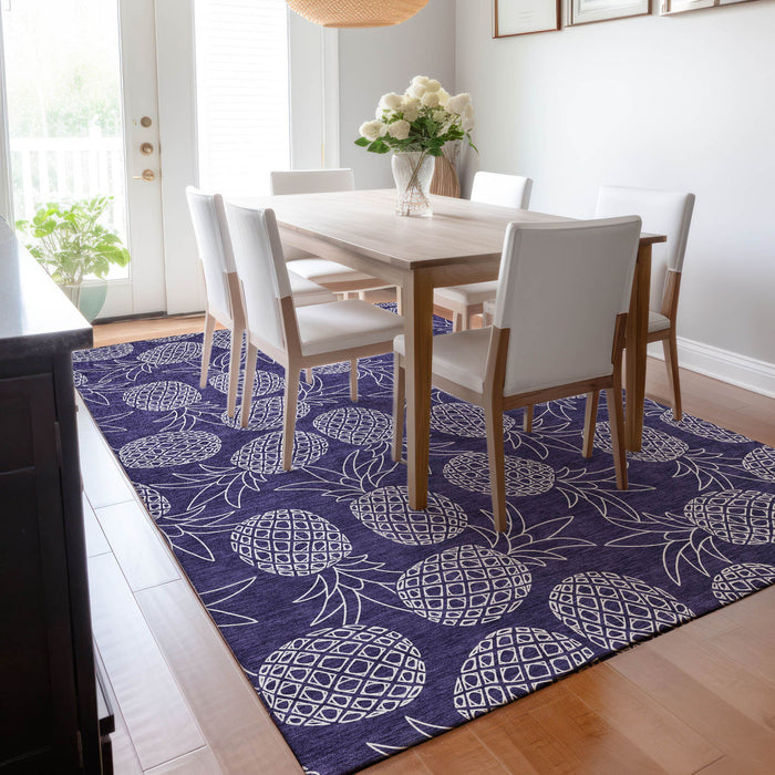 8' X 10' Boical Leaves Washable Area Rug With UV Protection - Blue And Ivory