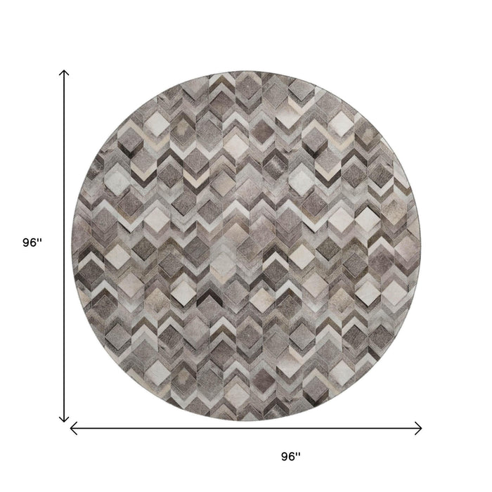 8' Geometric Washable Round Rug With UV Protection (644685) - Gray / Ivory / Black