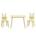 Giga children's table and chair set with two adorable bunny chairs, yellow activity table for toddlers with cute animal design
