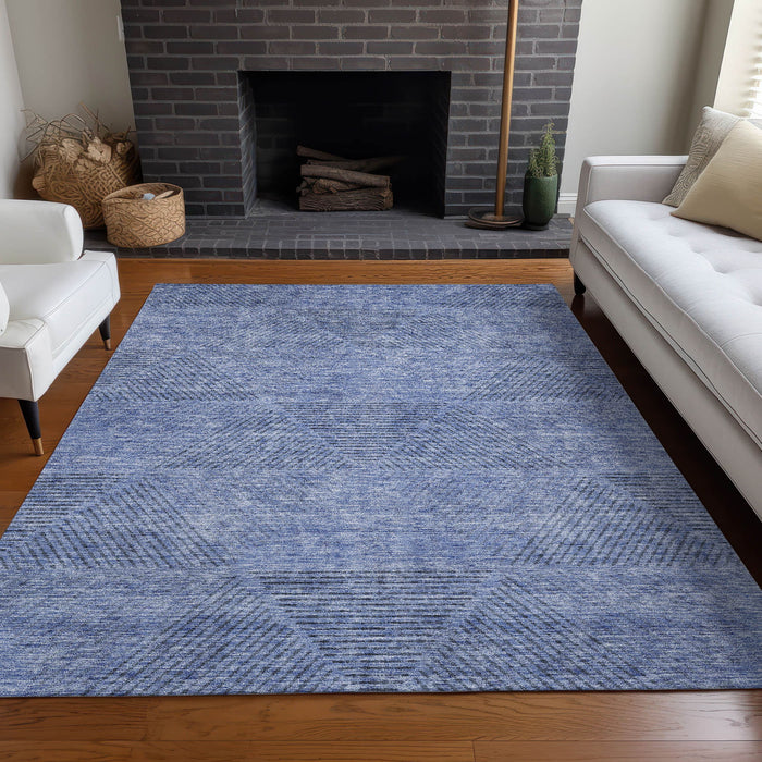 10' X 14' Geometric Washable Area Rug With UV Protection - Blue And Gray