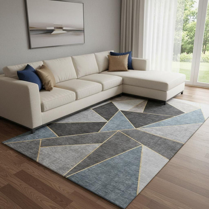10' X 14' Geometric Washable Area Rug With UV Protection (653296) - Blue / Charcoal / Ivory