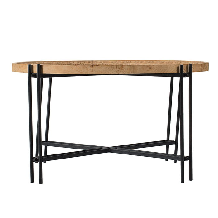 Giga farmhouse round wooden coffee table with black metal legs, featuring a rustic brown finish and modern design.