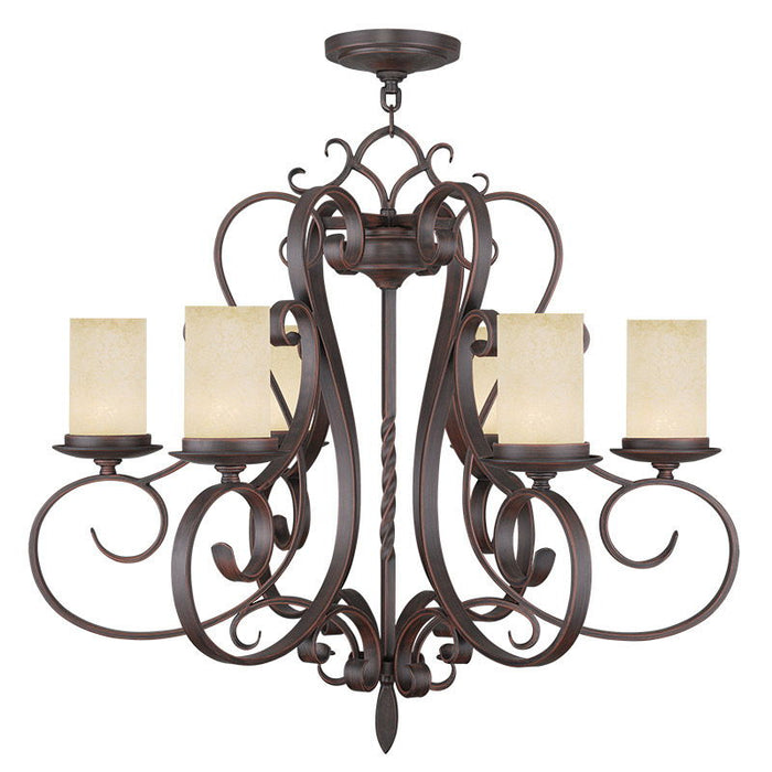 27-inch bronze metal chandelier with six dimmable lights and cream fabric shades, designed by HomeRoots.