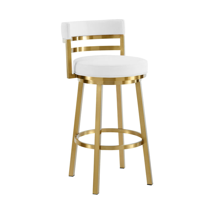 26" Faux Leather And Stainless Steel Low Back Counter Height Swivel Bar Chair - White / Gold