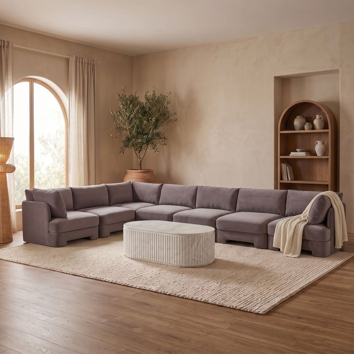 Meridian Furniture Hammond velvet performance fabric 7-piece sectional sofa with plush cushions and modern design.