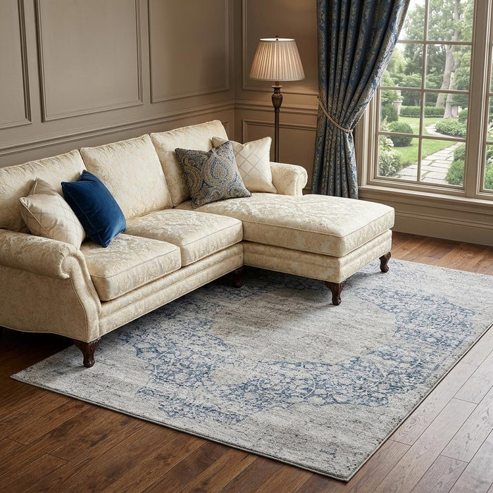 10' X 14' Medallion Washable Area Rug With UV Protection (686759) - Blue / Beige