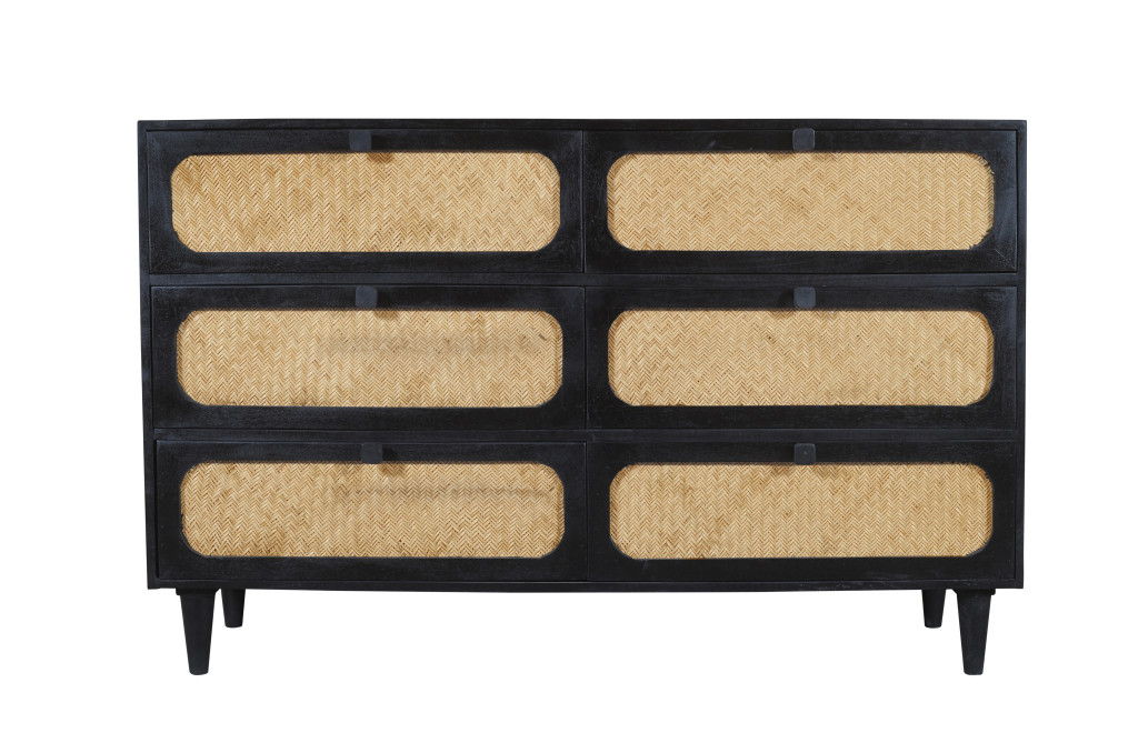 56" Solid Wood And Rat Six Drawer Double Dresser - Black And Natural
