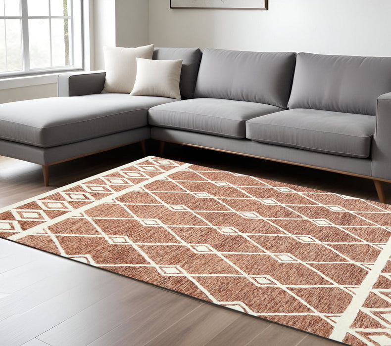 8' X 10' Wool Argyle Hand Hooked Area Rug - Rust And Ivory