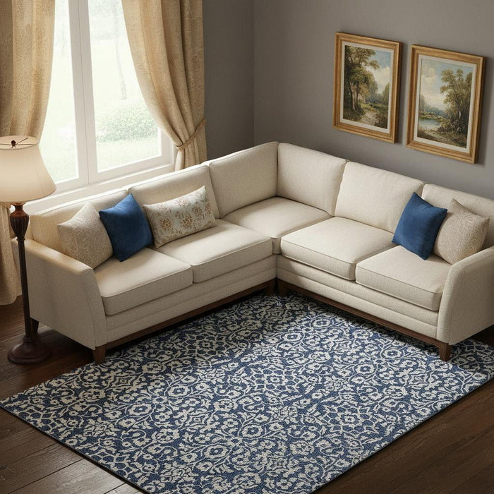 10' X 14' Damask Washable Area Rug With UV Protection (673151) - Navy Blue / Ivory