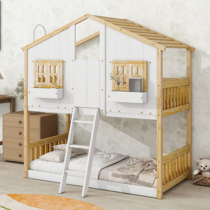Giga house bunk bed with roof, window, window box, door, safety guardrails, and ladder, made for children’s bedrooms.