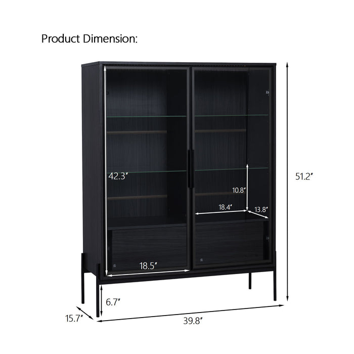 Giga modern minimalist LED curio cabinet with tempered glass door, metal legs, showcasing display shelves and elegant design.