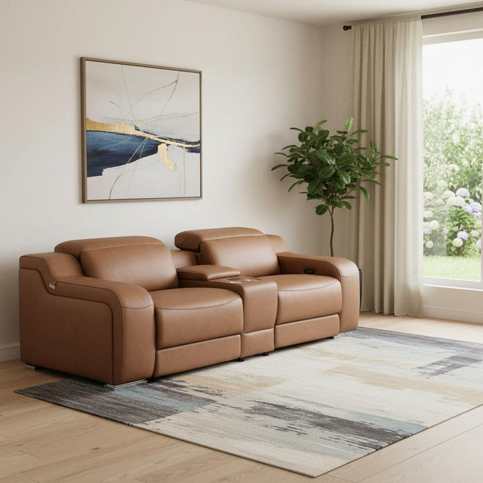 Italian Leather Power Reclining Loveseat With Storage (633759) - Cognac / Silver