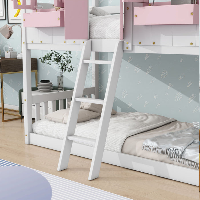 Giga house bunk bed with roof, window, window box, door, safety guardrails, and ladder, designed for kids' bedrooms.