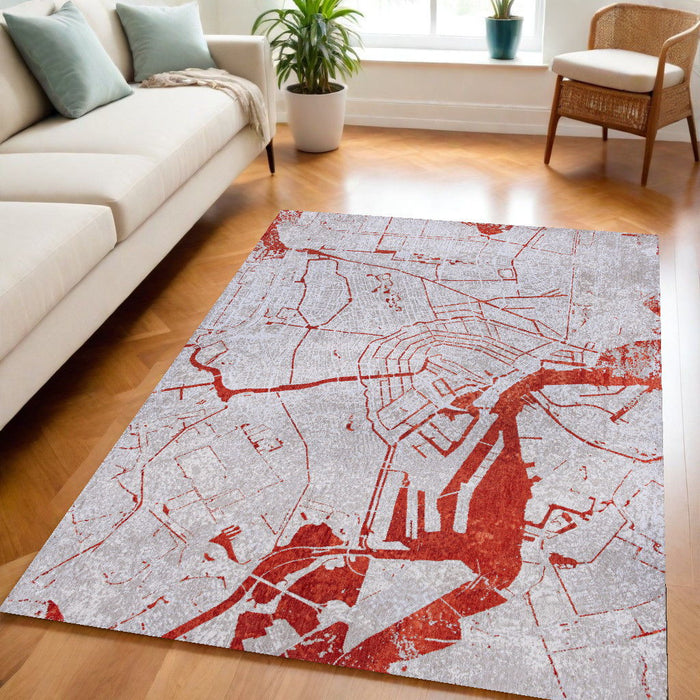 5' x 7' Abstract Non Skid Area Rug - Red And White