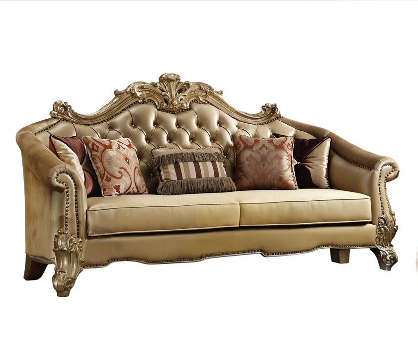 Faux Leather And Gold Sofa With Five Toss Pillows - Bone