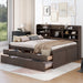 Giga captain bed with built-in bookshelves, three storage drawers, and a trundle bed for extra sleeping space.