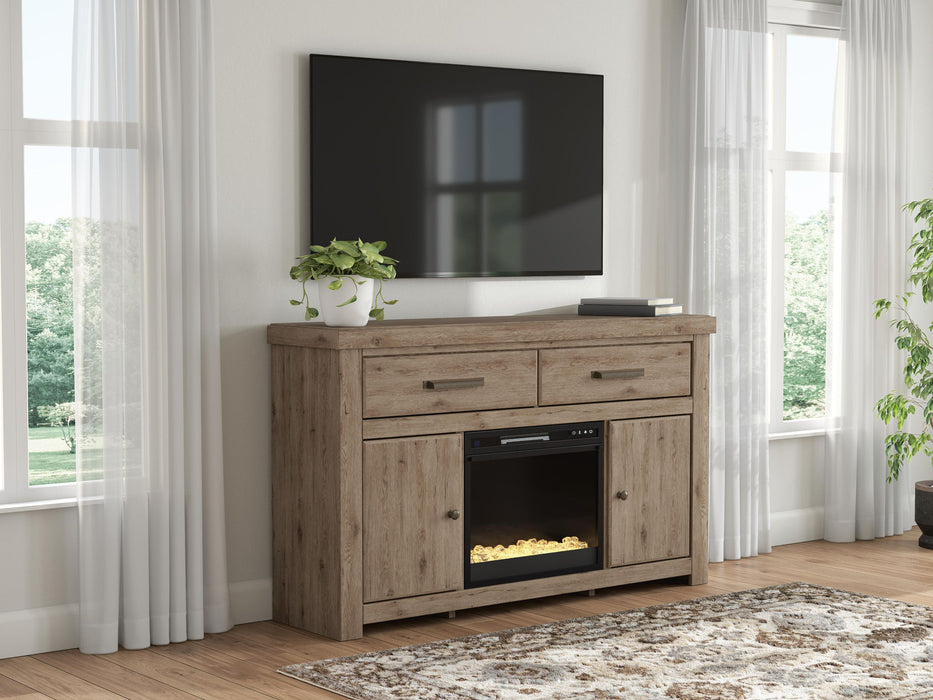 Signature Design by Ashley Garistyn TV stand with built-in fireplace, dark wood finish, modern storage cabinets, and sleek design.