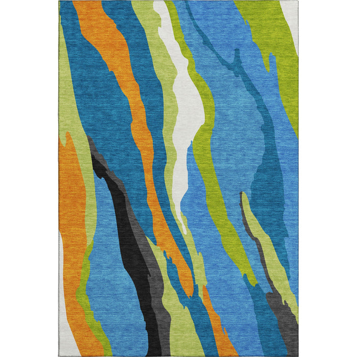 10' X 14' Abstract Washable Area Rug With UV Protection (682115) - Denim Blue / Orange / Lime Green