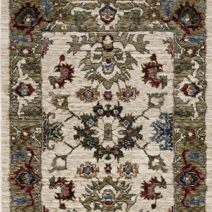 8' Oriental Runner Rug With Fringe (575634) - Ivory / Green / Red