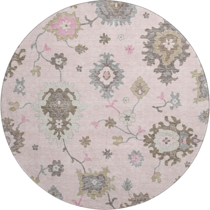 8' Floral Medallion Washable Round Rug With UV Protection - Pink