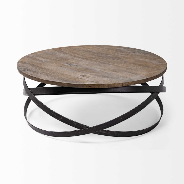 41" Solid Wood And Metal Round Coffee Table - Brown And Black