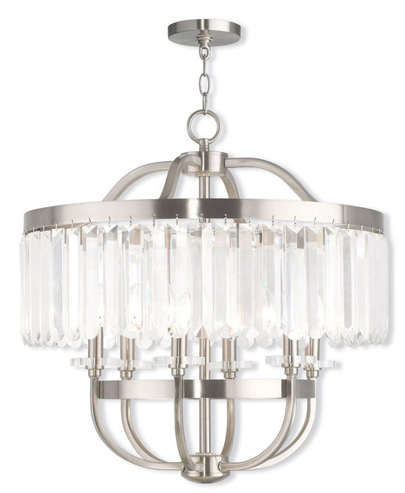 HomeRoots 25-inch six-light metal chandelier with clear shades and nickel finish, featuring dimmable design and modern style.