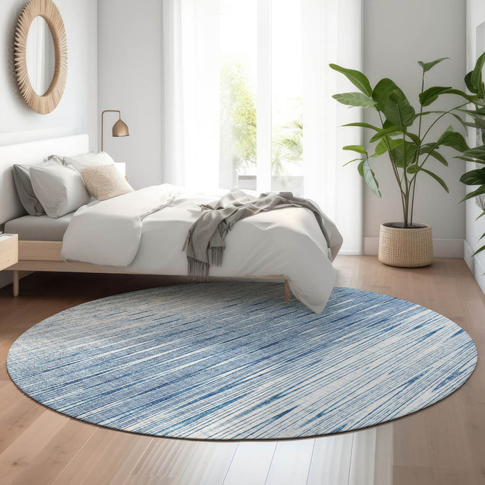 8' Abstract Washable Round Rug Polyester With UV Protection - Blue And Ivory