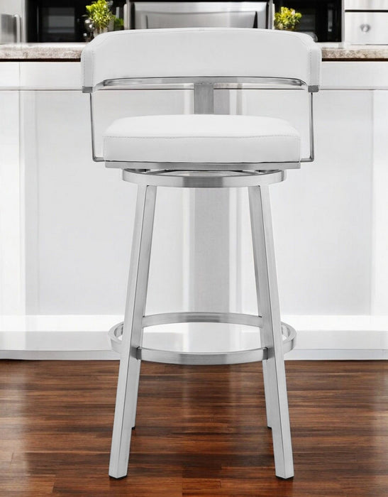 Faux Leather And Stainless Steel Low Back Counter Height Swivel Bar Chair - White And Silver