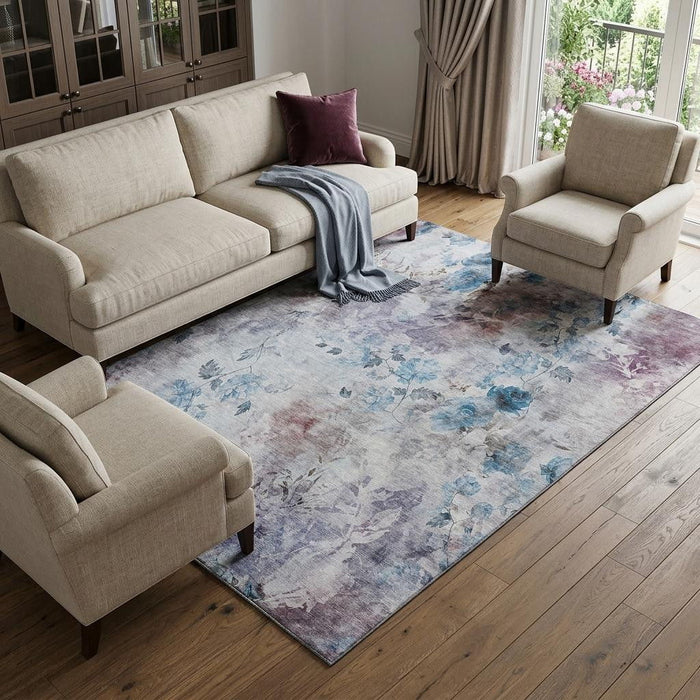 9' X 12' Floral Washable Area Rug With UV Protection (657700) - Blue / Blush / Ivory