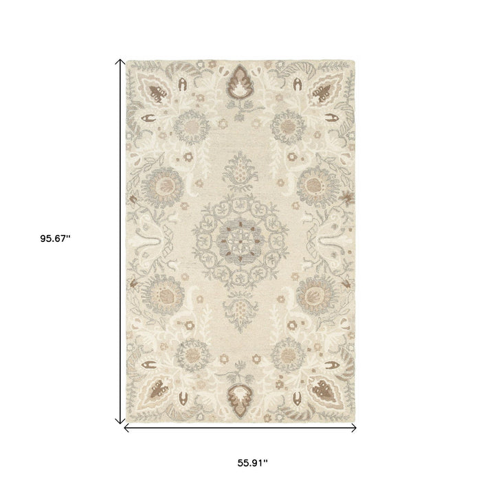 5' X 8' Scandinavian Wool Floral Hand Tufted Area Rug - Sand